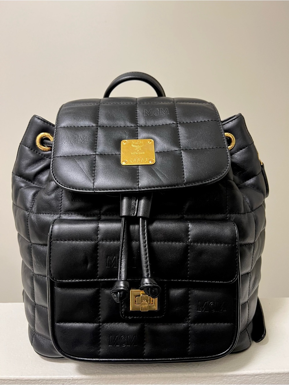 MCM Black Quilted Leather Backpack with Gold Hardware